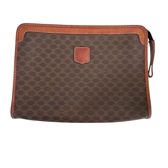 Authentic CELINE Macadam Dark Brown & Tan Leather Large Clutch Wristlet Bag - Picture 4 of 12